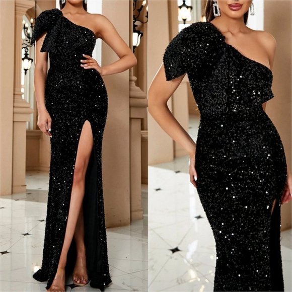 . Dresses & Skirts - Sequin Ruffle Trim One Shoulder Thigh slit Formal Maxi Dress Black
